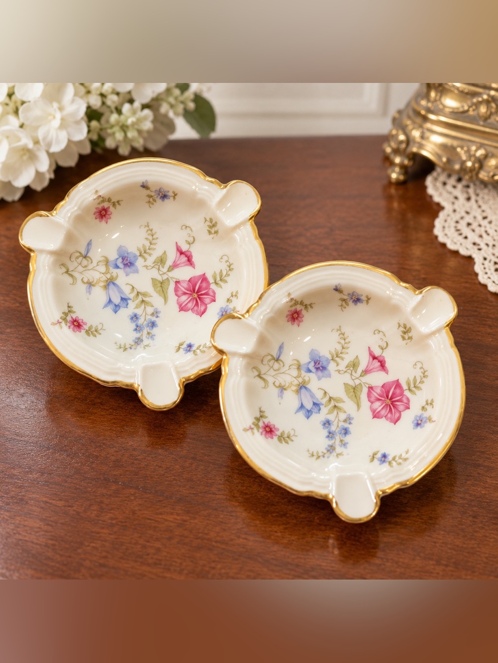 Rosenthal Viktoria Porcelain Ashtrays Floral & Gold Tone Trim VTG 1950's Signed